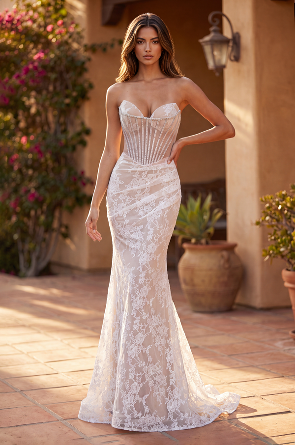 Lace-Up Strapless Lace Evening Gown
