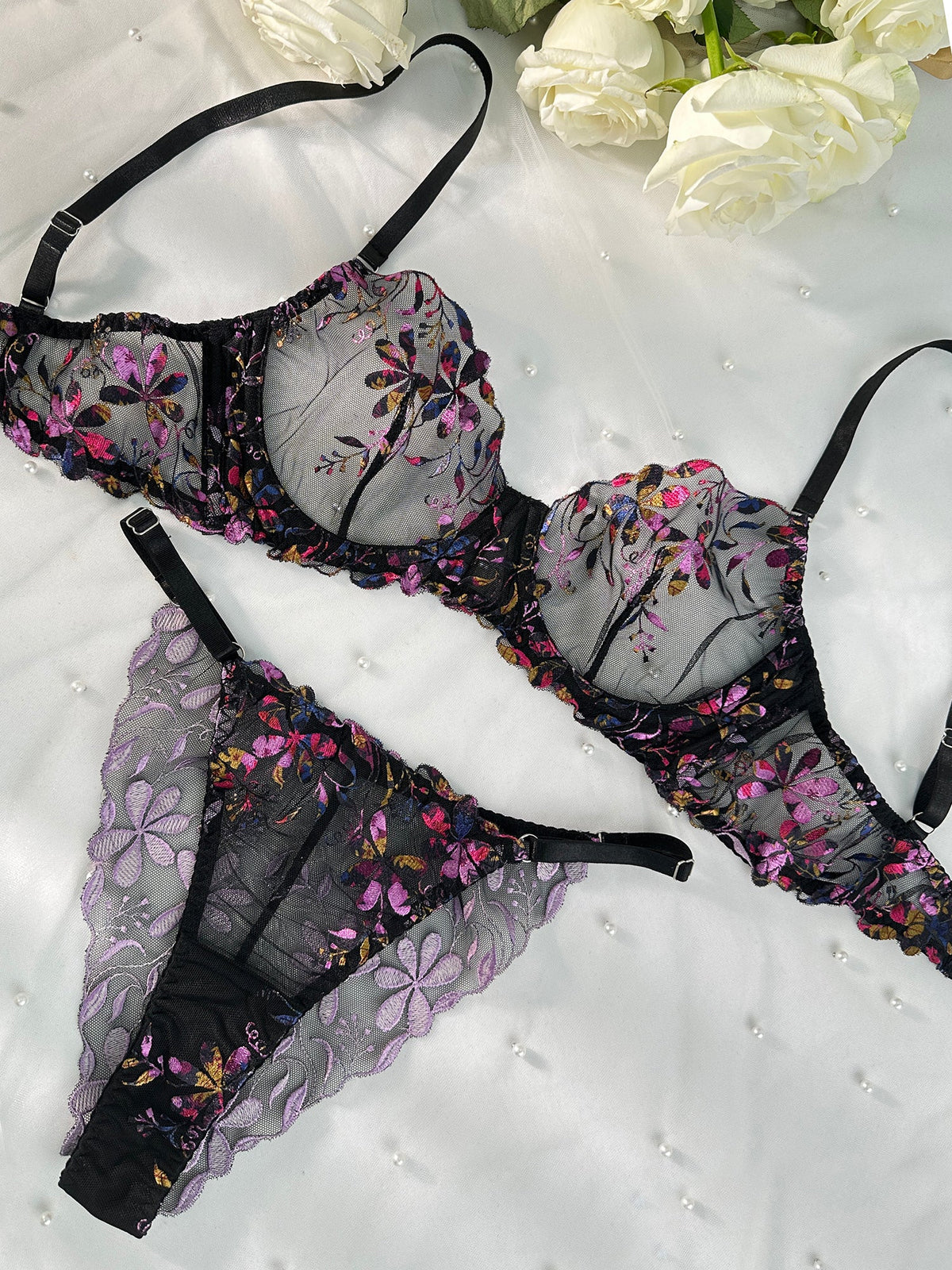 Midnight Blossom Embroidered Lace Set